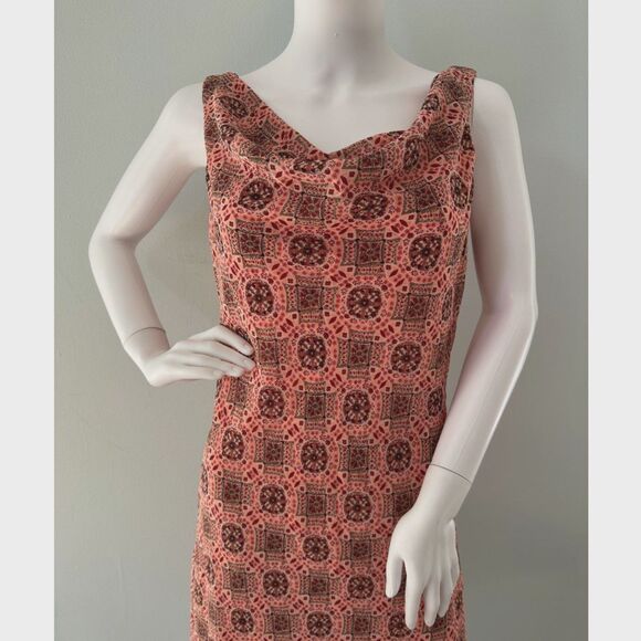 Vintage Y2K Sleeveless Midi Dress Geometric Tile Print Mesh Overlay size 10 - Picture 7 of 7